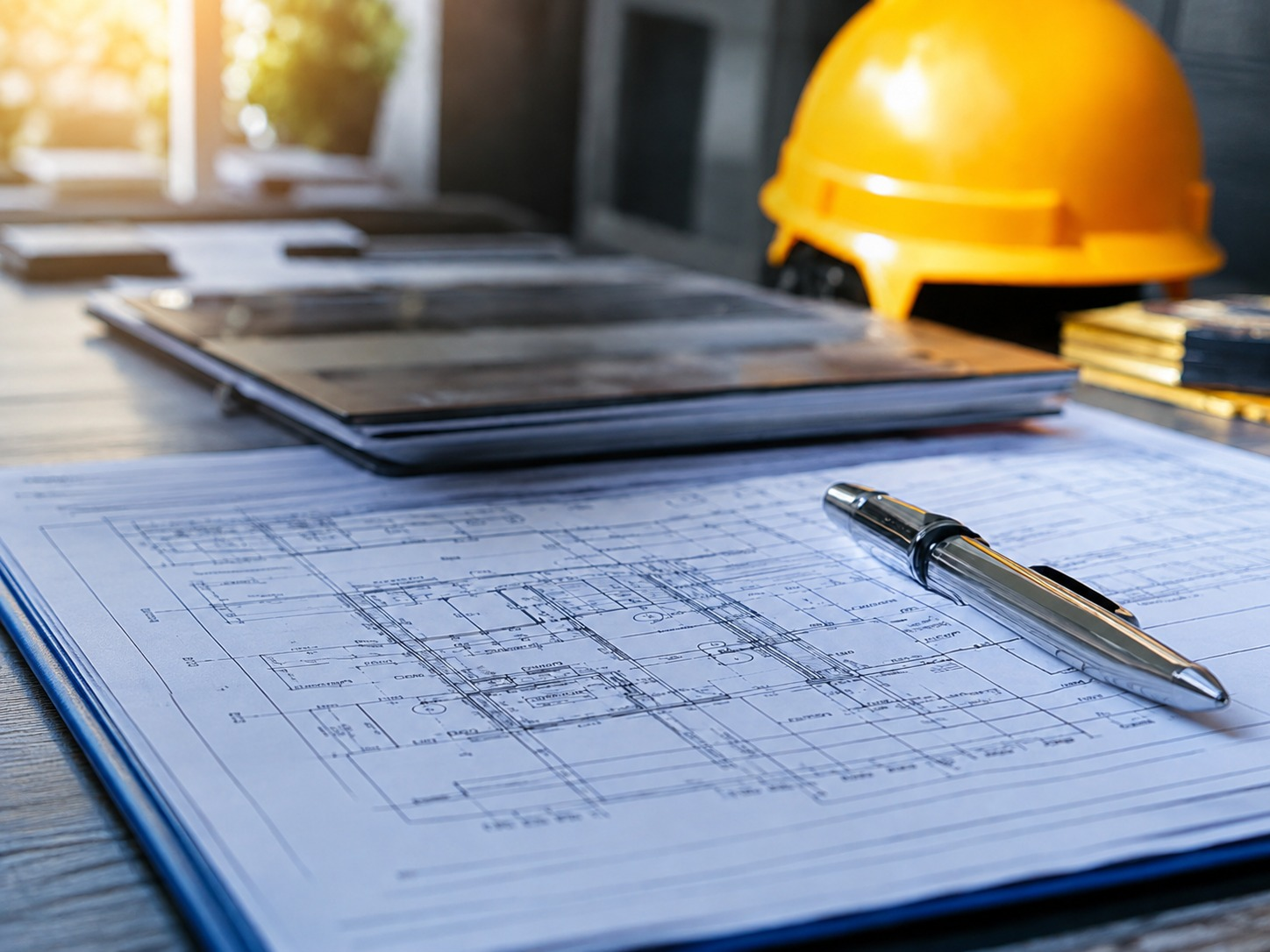 Projeto técnico sobre a mesa com capacete de segurança — laudos e consultoria técnica em Goiânia pela HC Engenharia